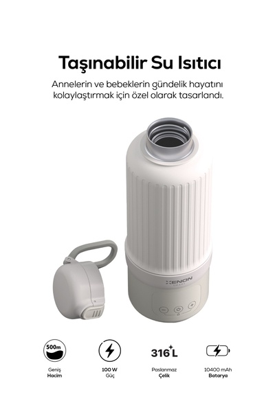 Xenon Smart Taşınabilir Su Isıtıcı | Modüler Bataryalı, 500 ml, Paslanmaz Çelik, Sıcaklık Ayarlı, Mama ve Süt Isıtıcı (X1004)