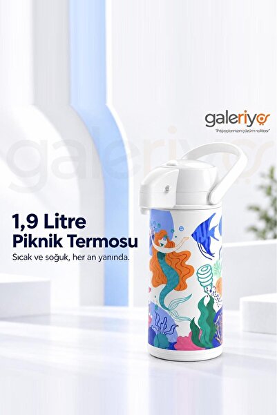 Galeriyo 1.9 Litre Deniz Kızı Desenli Termos Çay Termosu Su Termosu Beyaz