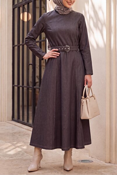 Modamorfo Flared Skirt Zippered Belted Denim Dress - Light Brown