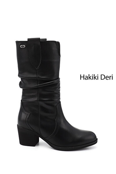 GÖNDERİ(R) Kadın Siyah Kalın Topuklu Körüklü Hakiki Deri Çizme
