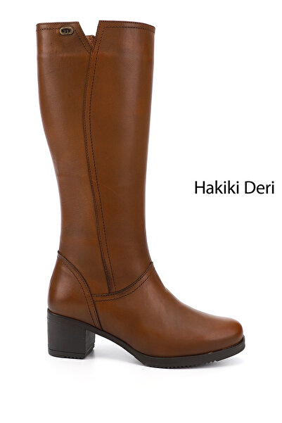 GÖNDERİ(R) Women's Tan Antique Zippered Thick Heeled Genuine Leather Boots