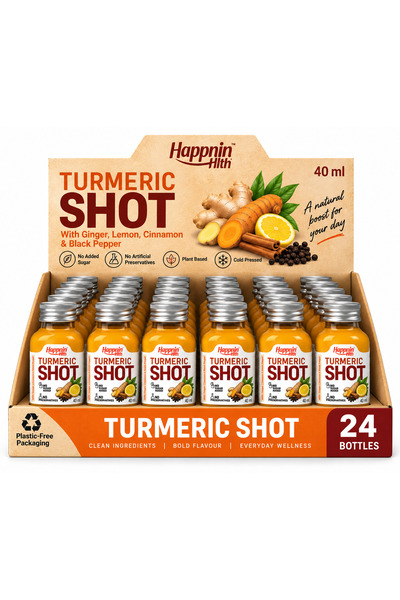 Happnin Hlth Turmeric Shot – Pack of 24 Cold-Pressed Turmeric, Ginger, Lemon ...