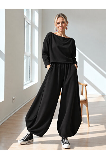 Catz Clothes Mona Black Rahat Şalvar Bluz Takım - Oversize Penye Bluz ve Şalvar