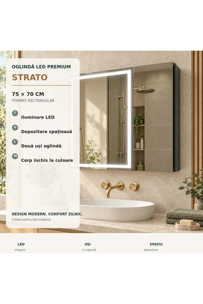 OEM Oglindă LED cu Dulap STRATO 75 x 70 cm Alb – Iluminare completă și spațiu...