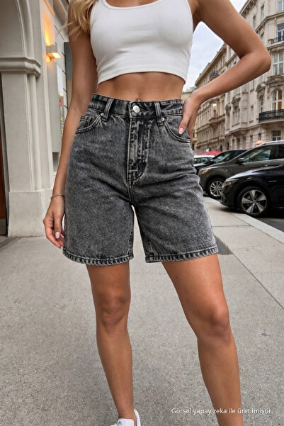 BİKELİFE Women's High-Waisted 5-Pocket Straight Fit Shorts Jeans