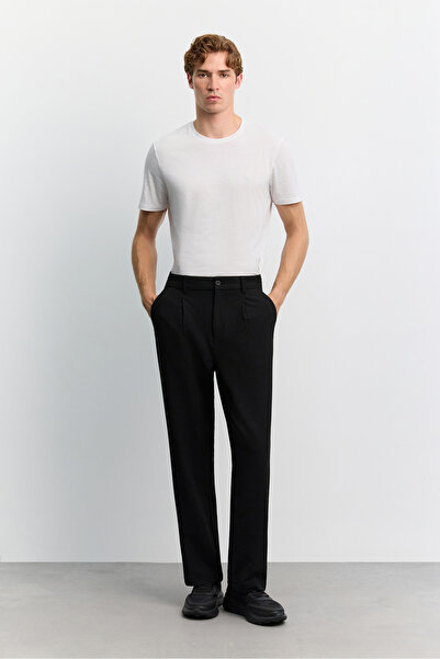 Avva Men's Black Slim Ribbed Textured Baggy Fit Trousers A62Y3042