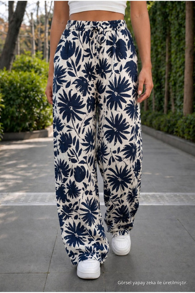 BİKELİFE Women's Floral Patterned High Waist Summer Fabric Elastic Waist Trou...