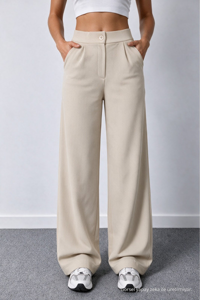 BİKELİFE Women's Beige Stretch Fabric Palazzo Relaxed Wide-Leg Pants
