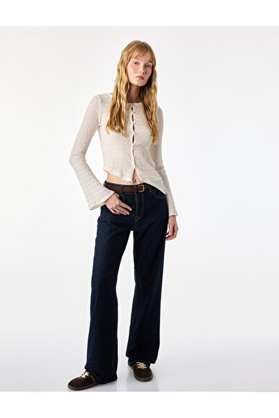 Koton Bürümcük Fabric Asymmetrical Cut Buttoned Crew Neck Long Sleeve Cardigan