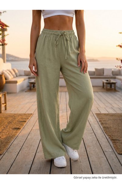 BİKELİFE Comfortable Cut Summer Linen Trousers with Elastic Waist