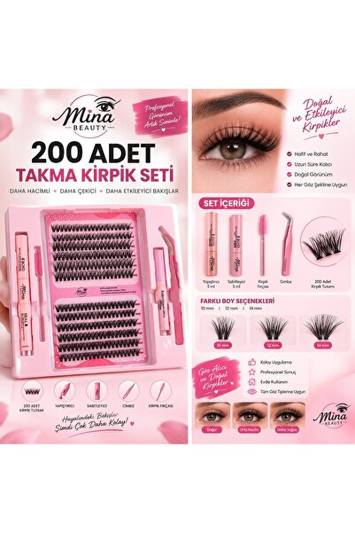 Takma Kirpik Seti 200 Adet Kirpik Tutamı | Yapıştırıcı + Sabitleyici + Cımbız + Kirpik Fırçası | Hacimli ve Dolgun Görünüm