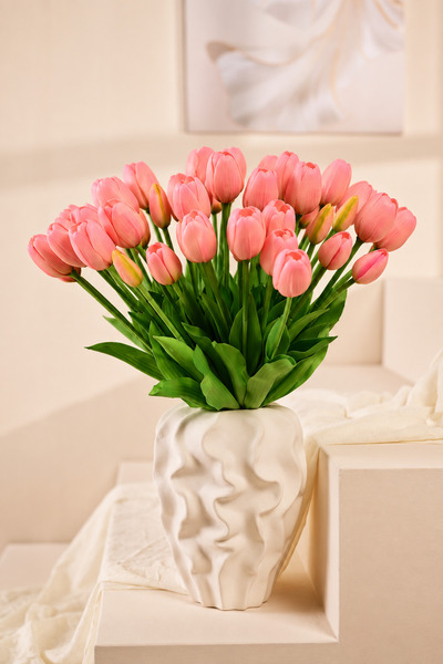 Y.Ç Yapay Çiçek Marketim Pembe Yapay Tulipa Lale Çiçeği Buketi 5 Dallı Premiu...
