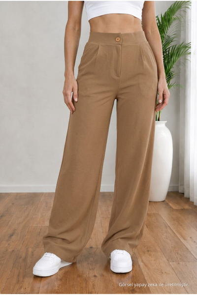 BİKELİFE Women's Mink High Waist Loose Fit Lycra Wide Leg Palazzo Trousers