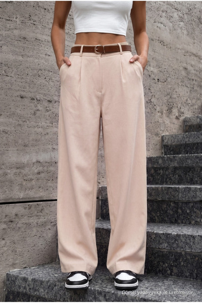 BİKELİFE Women's Belted Oversize Loose Elastic Waist Palazzo Trousers