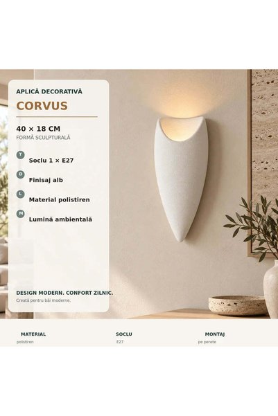 OEM Aplica Decorativa CORVUS, 40x18cm, 1xE27, Polistiren, Alb