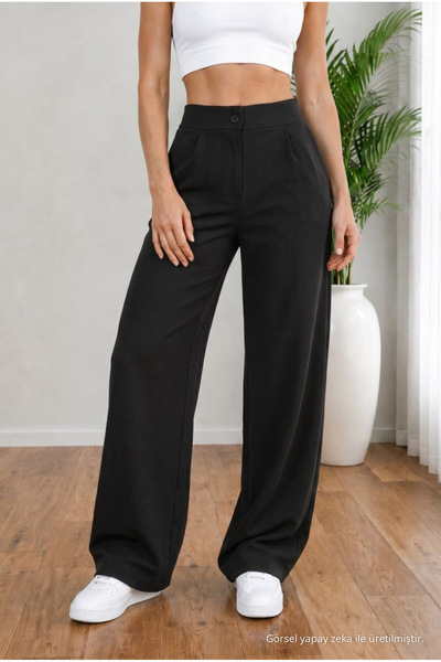 BİKELİFE Women's Black High Waist Loose Fit Lycra Wide Leg Palazzo Trousers