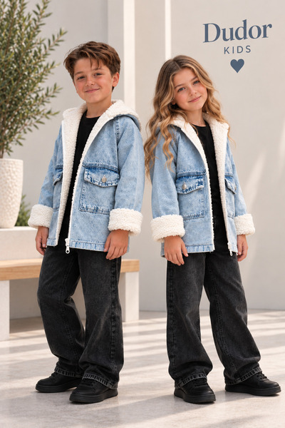 DUDOR KİDS Children's Hooded Blue Thick Denim Coat-Unisex