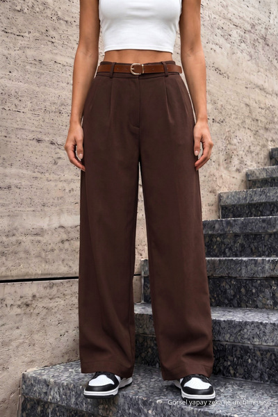 BİKELİFE Women's Belted Oversize Loose Elastic Waist Palazzo Trousers