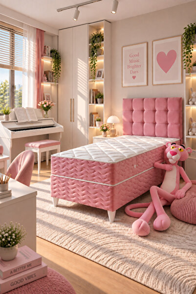 beehanem Bengü Pembe Tek Kişilik Baza Yatak Başlık Seti 3'lü Set Baby Face Ku...