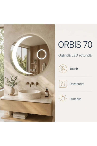 OEM Oglinda LED Rotunda, 70cm, Orbis Touch, Sistem Dezaburire, Dimabila