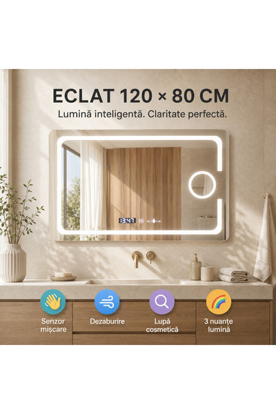 OEM Oglinda LED Rectangulara, 120x80cm, Eclat MotionGlow Marcello, Sistem Dez...