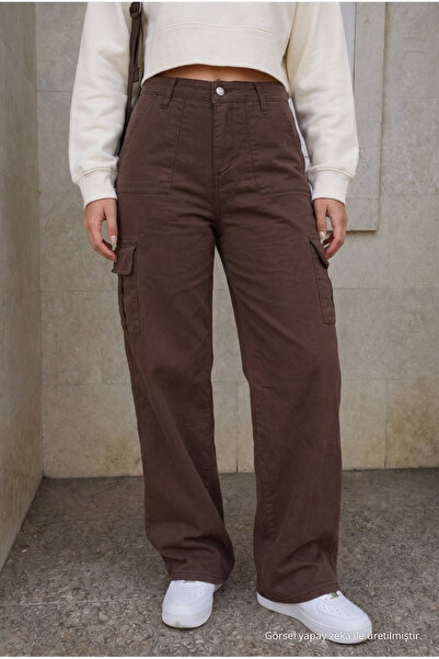 alanora Women's Coffee Cargo Wide Leg High Waist Wide Leg School Trousers