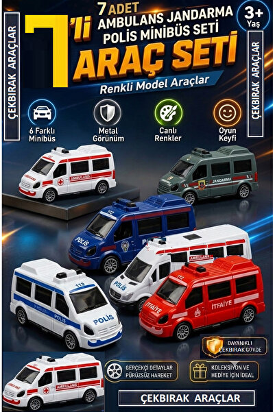 OYUNCAKSAHİLİ Araç Set 7 Adet Geri Çekbırak 112 Acil Minibüs Seti Ambulans it...