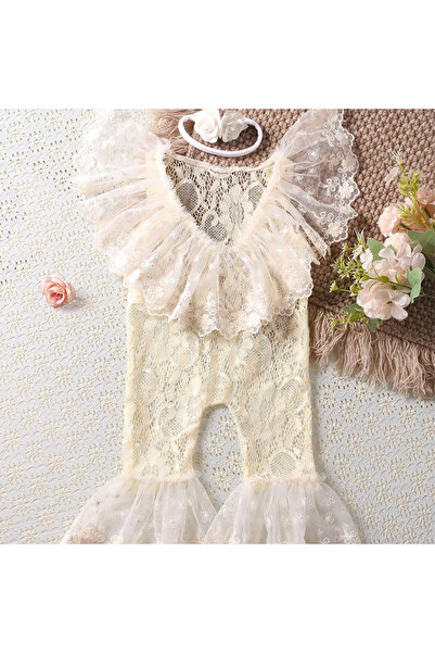 Choice 0-1Month Beige Ylsteed Newborn Lace Jumpsuit with Headband Baby Girl P...