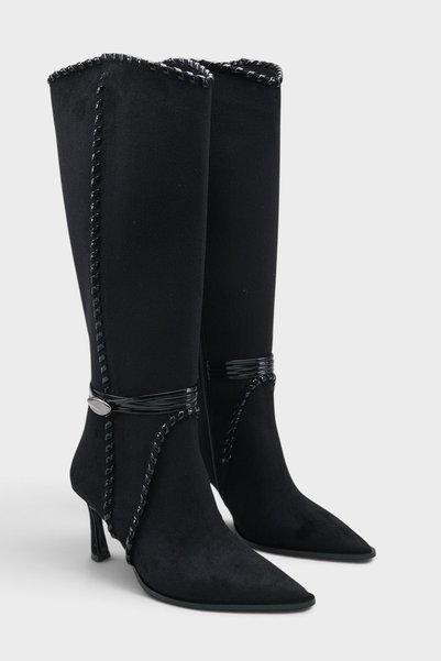 LOJO Women's Pointed Toe Stitched and Buckle Detailed Heeled Boots Belora Bla...