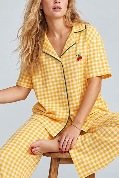 Siyah İnci yellow plaid checked embroidered buttoned piped thin soft knit pajama set 8001