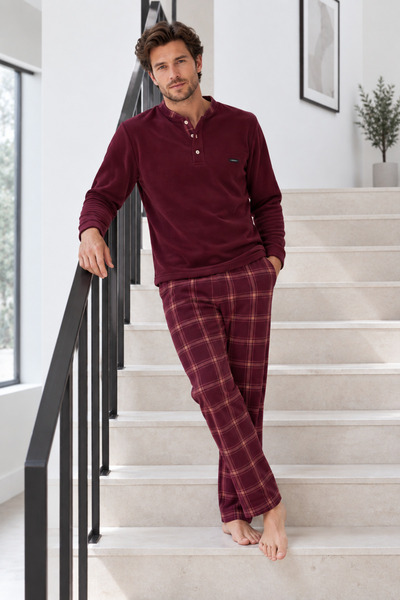 nisaNCa Erkek Polar Kareli Pijama Takımı - Bordo Uzun Kollu Üst Ve Ekose Dese...