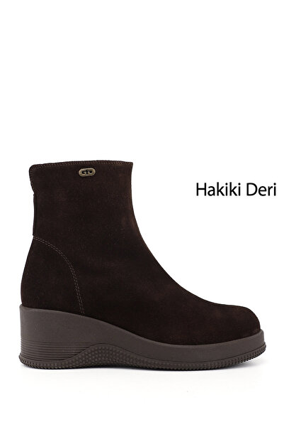 GÖNDERİ(R) Women's Brown Suede Zippered Wedge Heeled Genuine Leather Boots