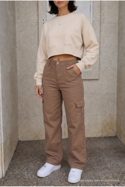 alanora Women's Mink Cargo Wide Leg High Waist Wide Leg School Trousers