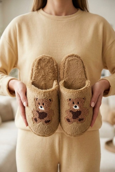 Beyond Women's Brown Teddy Bear Embroidered Plush Furry House Slippers 3 cm B...
