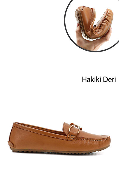 GÖNDERİ(R) Women's Tan Antique Buckle Rok Genuine Leather Comfort Loafer