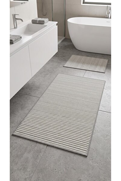 dekozer Lidya Beyaz Çizgili 2'li Paspas Seti(60x100+50x60) Kaydırmaz, Kolay T...