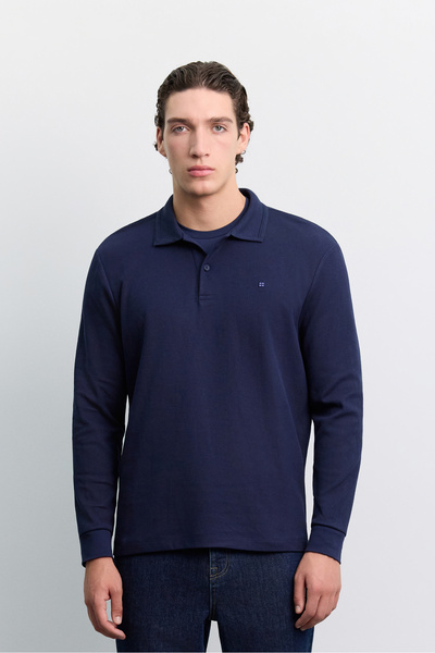 Avva Erkek Lacivert Kıvrılmaz Polo Yaka Kolay Ütülenen Basic Sweatshirt B001080