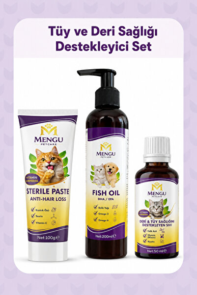 Kedi Tüy Dökülmesi Destek Seti – Omega 3 - 6 Balık Yağı 200 ml + Taurinli Multivitamin Kedi Malt Macunu 100 gr + Biotinli B Complex Damla 50 ml Paket | Malt Macunu | Kedi Maltı | Kedi Vitamini