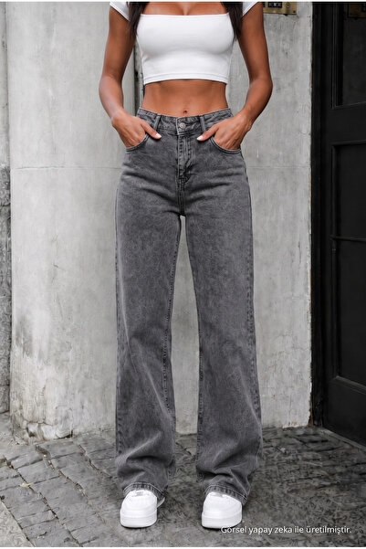 alanora Kadın Yüksek Bel Likralı Geniş Paça Palazzo Jeans