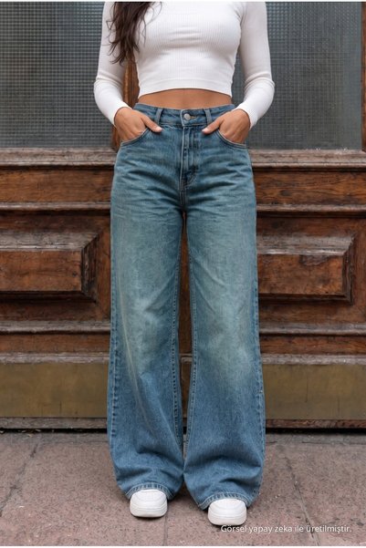 alanora Women's Wide Leg High Waist Straight Fit Distressed Detailed Jeans