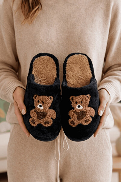 Beyond Women's Black Teddy Bear Embroidered Plush Furry House Slippers 3 cm B...