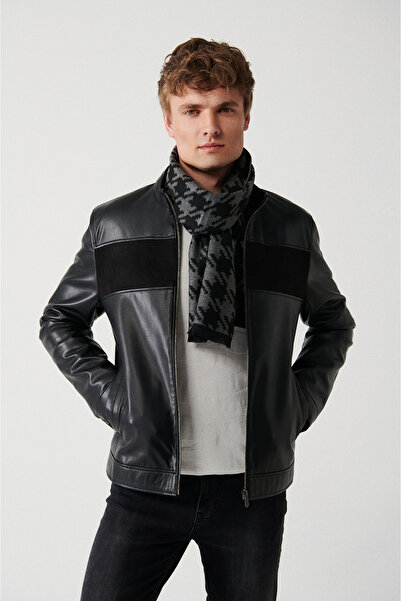 Avva Men's Black Stand Collar Front Piece Suede-Leather Look Coat A32Y6037