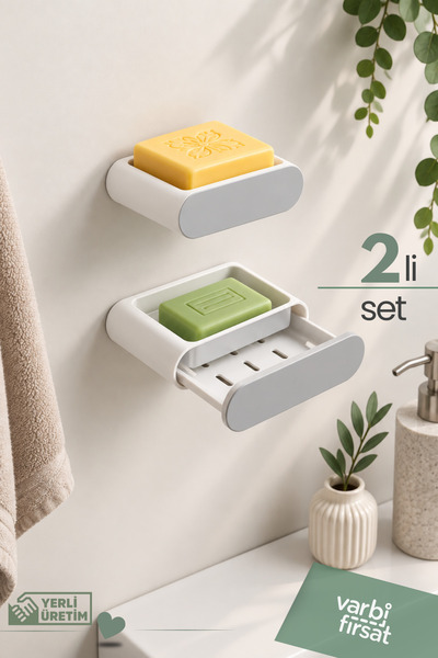Varbifırsat 2 Pieces Adhesive Soap Dish and Sponge Holder with Water Containe...
