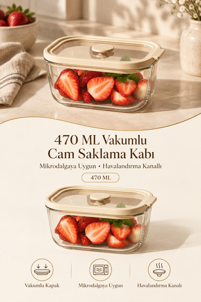Poomy Vakumlu Cam Beslenme Kutusu Mikrodalga Uyumlu Sızdırmaz Kapaklı Kahvalt...