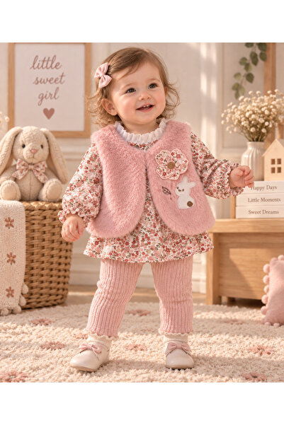 buzy kids concept Çiçekli Gömlekli Peluş Yelekli Kız Bebek 3'lü Takım 6 Ay-18 Ay