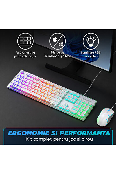 Timebox Set combinat tastatură și mouse pentru gaming, RGB, cu fir, USB, ergonomic, 104 taste, anti-ghosting