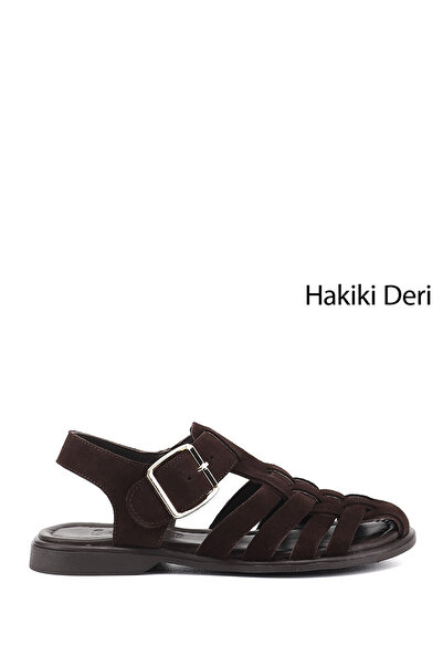 GÖNDERİ(R) Kadın Kahve Süet Tokalı Bantlı Burnu Kapalı Hakiki Deri Sandalet