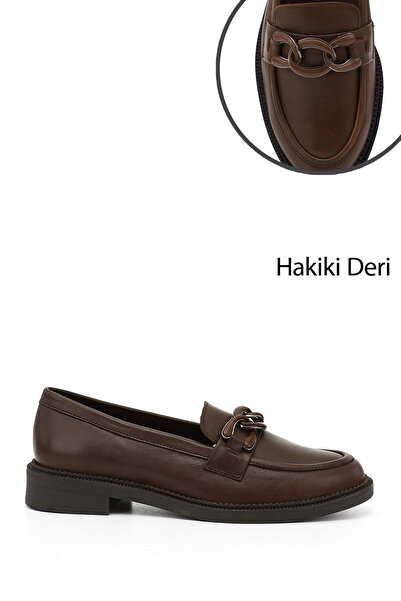 GÖNDERİ(R) Women's Brown Antique Buckle Genuine Leather Loafer Shoes