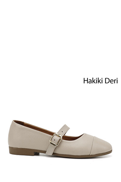 GÖNDERİ(R) Women's Beige Antique Printed Mary Jane Genuine Leather Ballerinas