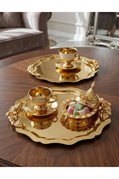 Elzemm store 2 ADET GOLD YUVARLAK DALGALI KULPLU MODEL SERVİS VE SUNUM TEPSİSİ
